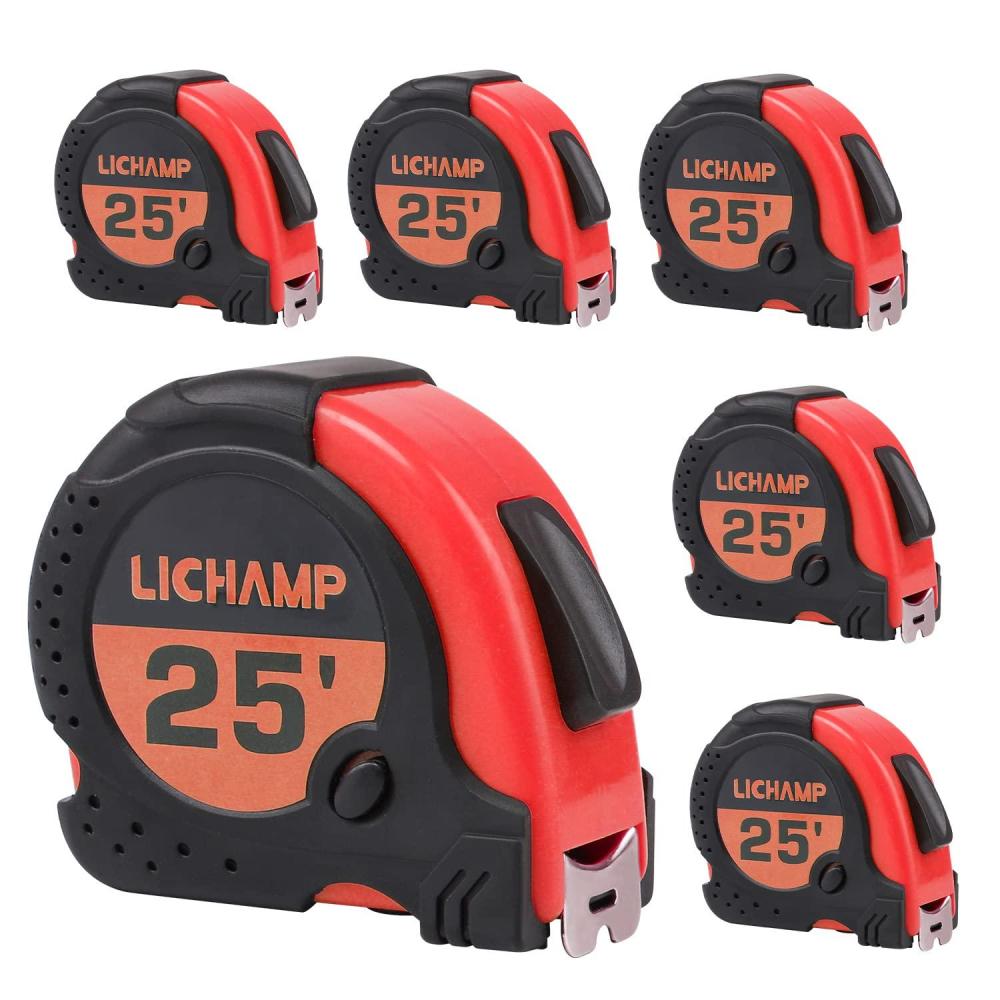 imageLICHAMP Tape Measure 25 ft 6 Pack Bulk Easy Read Measuring Tape Retractable with Fractions 18 Multipack Measurement Tapes 25Foot by 1Inch C6RDRed