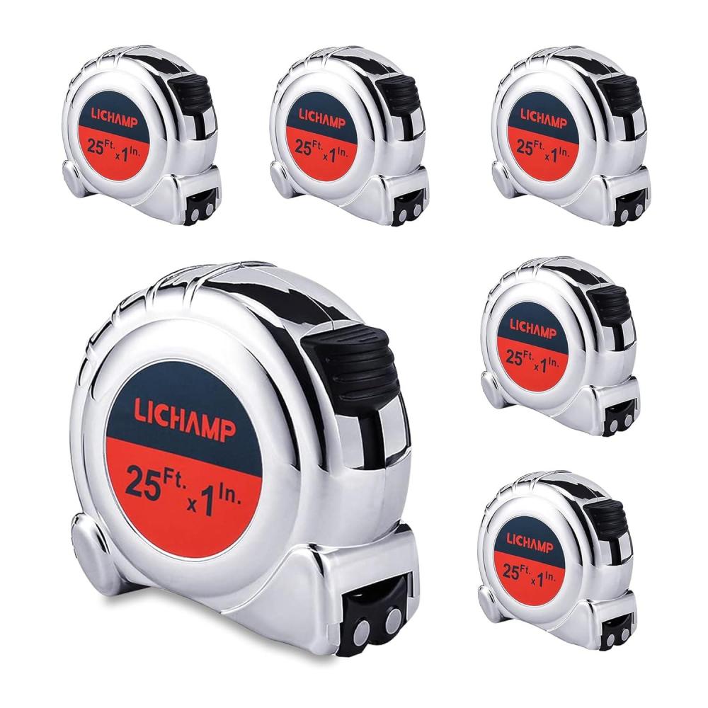 imageLICHAMP Tape Measure 25 ft with Magnetic 6 Pack Bulk Easy Read Chrome Measuring Tape Retractable with Fractions 18 Measurement Tapes 25Foot by 1Inch Round