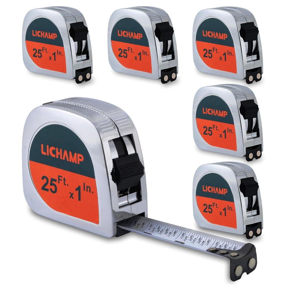 imageLICHAMP Tape Measure 25 ft with Magnetic 6 Pack Bulk Easy Read Chrome Measuring Tape Retractable with Fractions 18 Measurement Tapes 25Foot by 1Inch Square