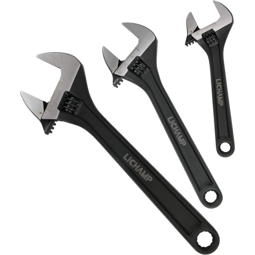 imageLichamp 3Piece CRV Adjustable Wrenchs Set Industrial Grade Drop Forged Chrome Vanadium Steel Black Oxide Finish Wide Jaw 6 8 10 Inch
