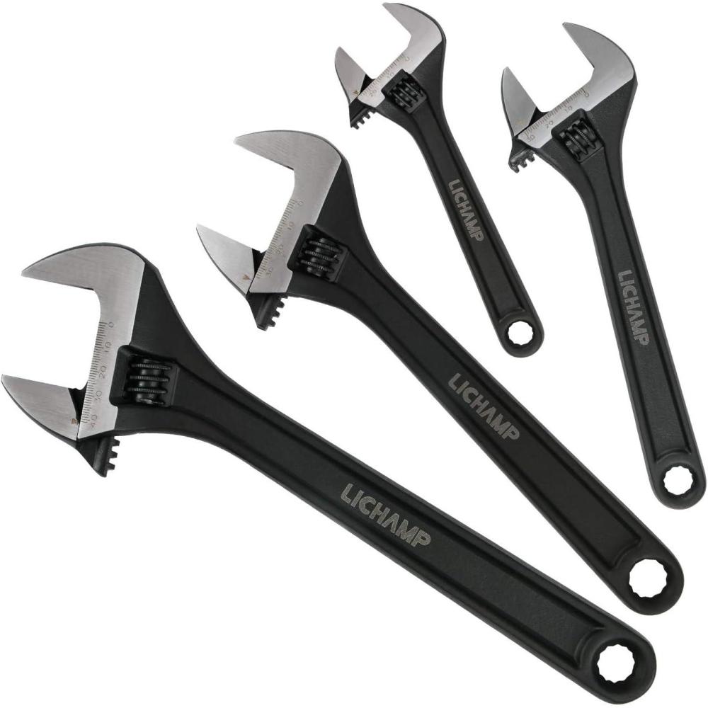 imageLichamp 4Piece CRV Adjustable Wrench Set Industrial Grade Drop Forged Chrome Vanadium Steel Black Oxide Finish Wide Jaw 6 8 10 12 Inch