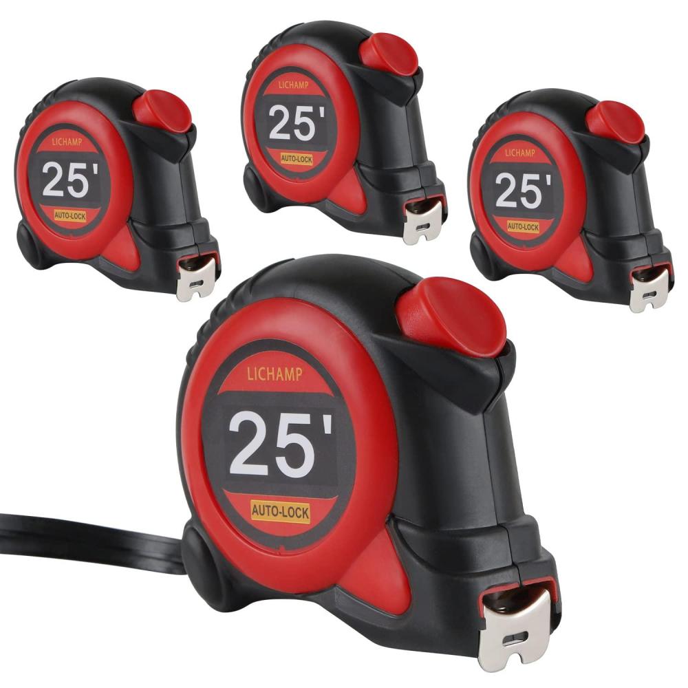 imageLichamp Auto Lock Tape Measure 25FT 4 Pack Retractable and Easy Read Measuring Tape Bulk Set with 18 inch Fraction F4RD