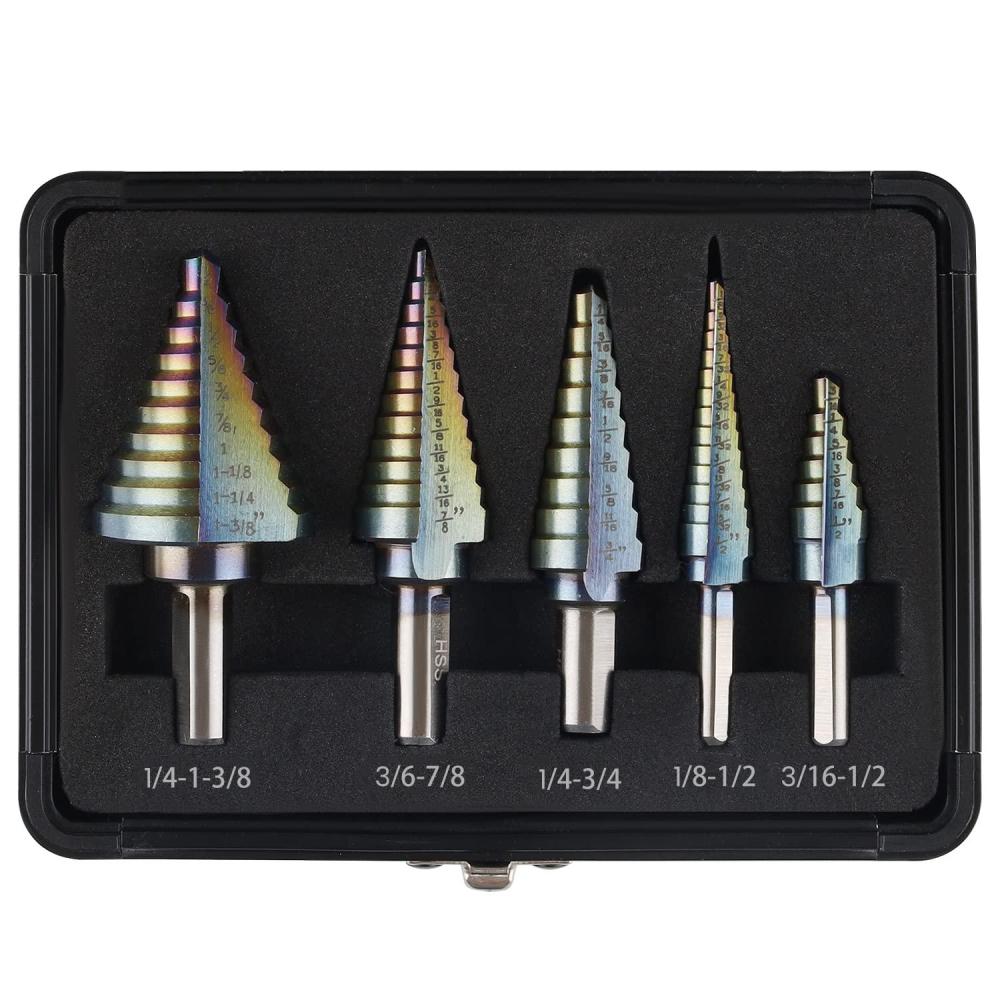 imageLichamp Step Drill Bit Set for Metal Sheet Heavy Duty 5Piece HSS Step Up Down Drill Bits Stepper Unibit for Steel Hole 50 Sizes from 18 to 138 inches B105RD