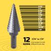 Lichamp Unibit Step Drill Bit for Metal, Genuine M2 Drill Stepper Bit for Hard Metal Heavy Duty, 12 Sizes from 3/16″ to 7/8″, Dual Straight Grooved with Hex Drive, A3BK