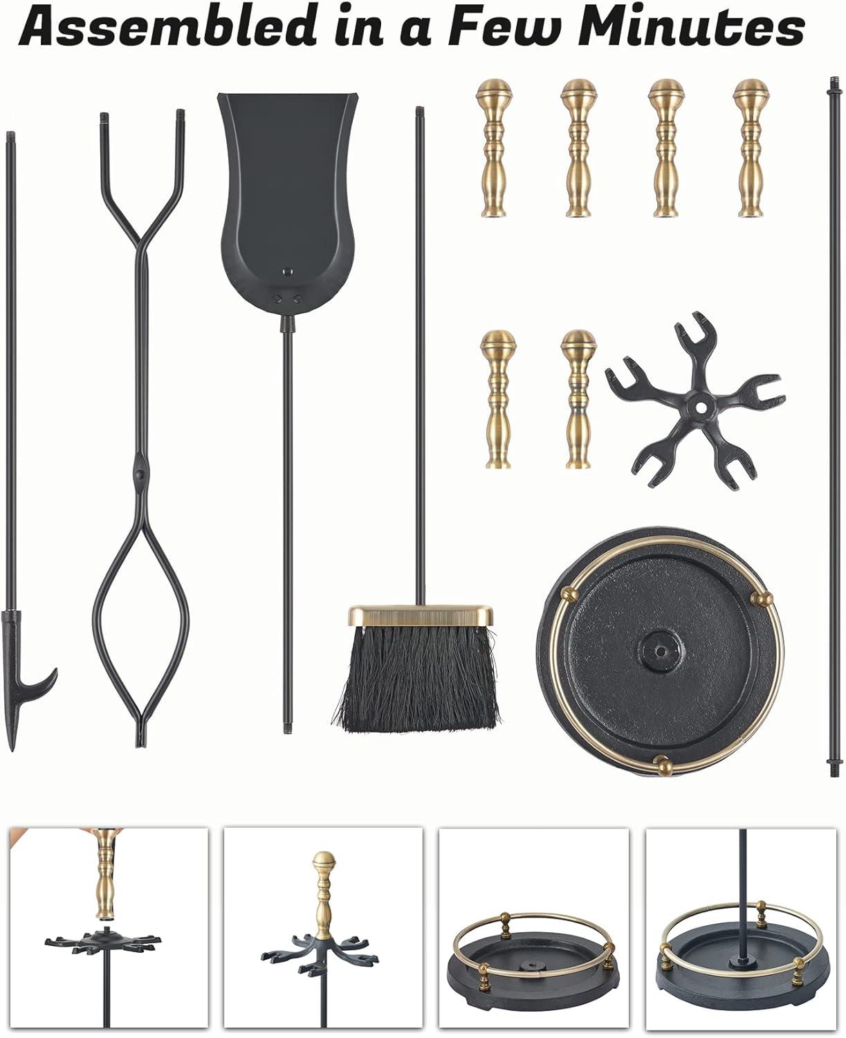 imageLichamp Fireplace Tools Set 5Pieces Indoor Outdoor Sturdy Fire Place Poker Sets with Retro Gold Handle FTS45GD