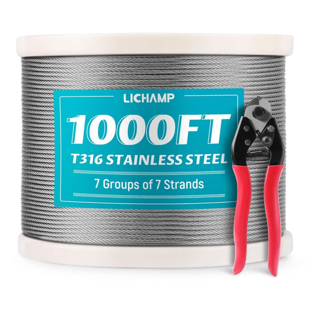 imageLichamp 1000FT 18quot Stainless Steel Wire Rope Cable Aircraft 316 SS Braided Steel Wire Thin Metal Cable Hardware for Deck Railing Handrail Safety System SSC1000