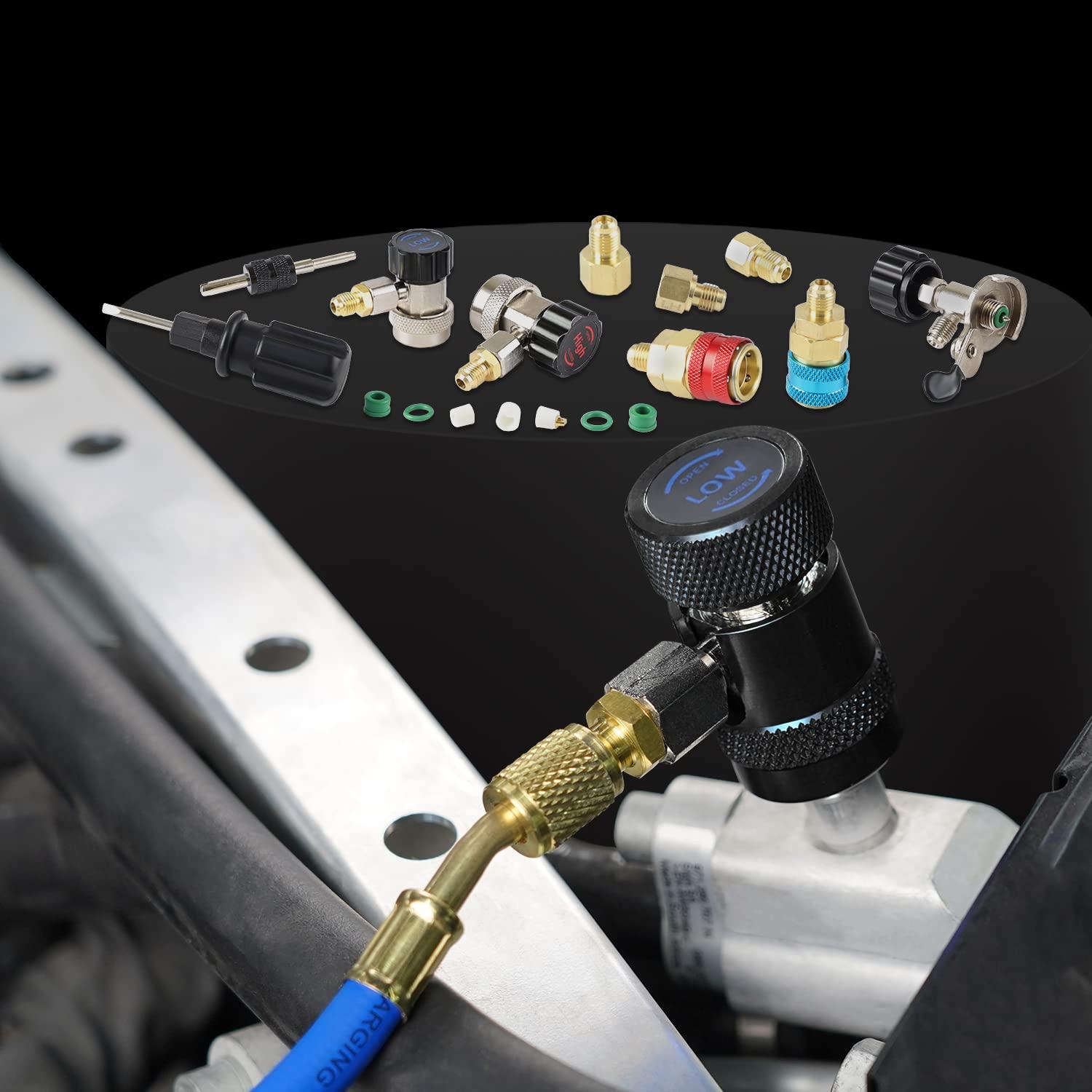 imageLICHAMP AC R1234YF R134A Gauge Set Automotive 4 Valve Manifold Gauge Compatible with R1234YF and R134A Refrigerants Works on Car Freon Charging and Evacuation