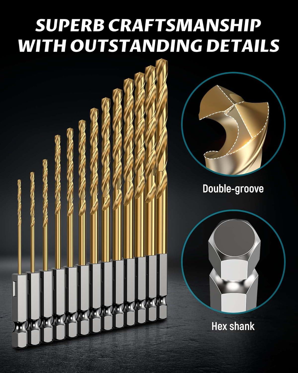 imageLichamp 116quot 14quot Hex Shank Drill Bit Set 13pc Titanium Coated HighSpeed Steel Bits 14quot Quick Change Shank for Hard Metal Hardened Twist Drill Set