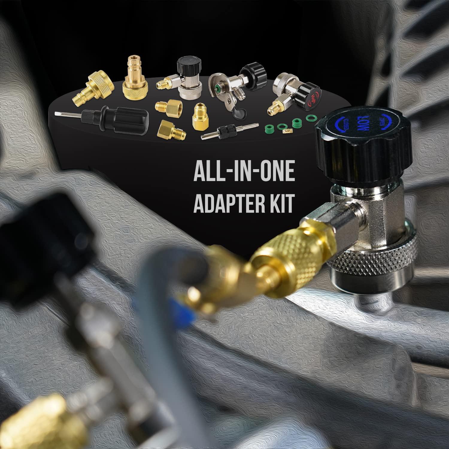 imageLichamp AC R1234YF R134A Gauge Set Automotive 4 Valve Manifold Gauge Compatible with R1234YF R134A and R404A Refrigerants Works on Car Freon Charging and Evacuation