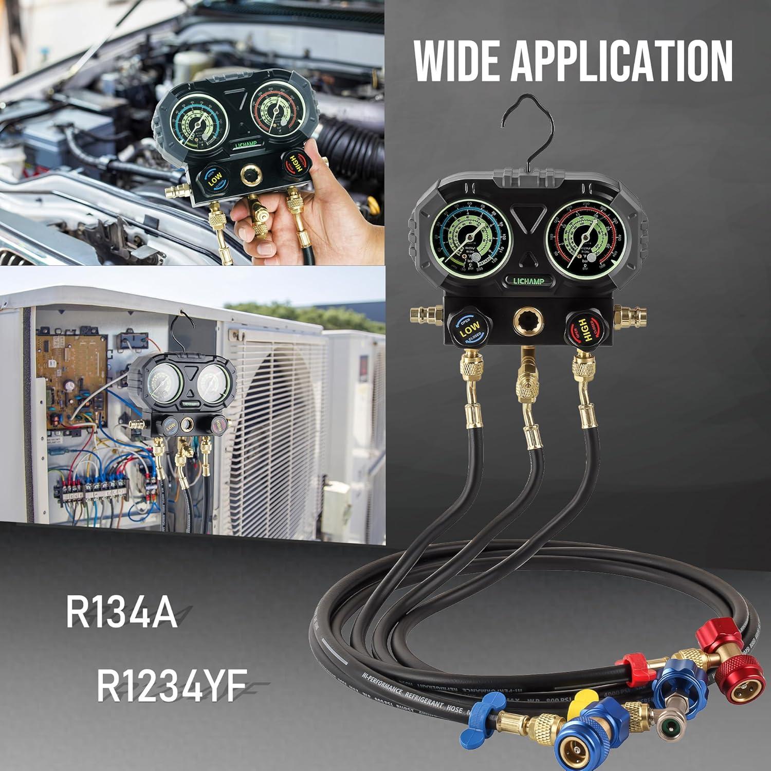 imageLichamp AC R1234YF R134A Gauge Set Automotive Manifold Gauge Compatible with R1234YF and R134A Refrigerants Works on Car Freon Charging and Evacuation