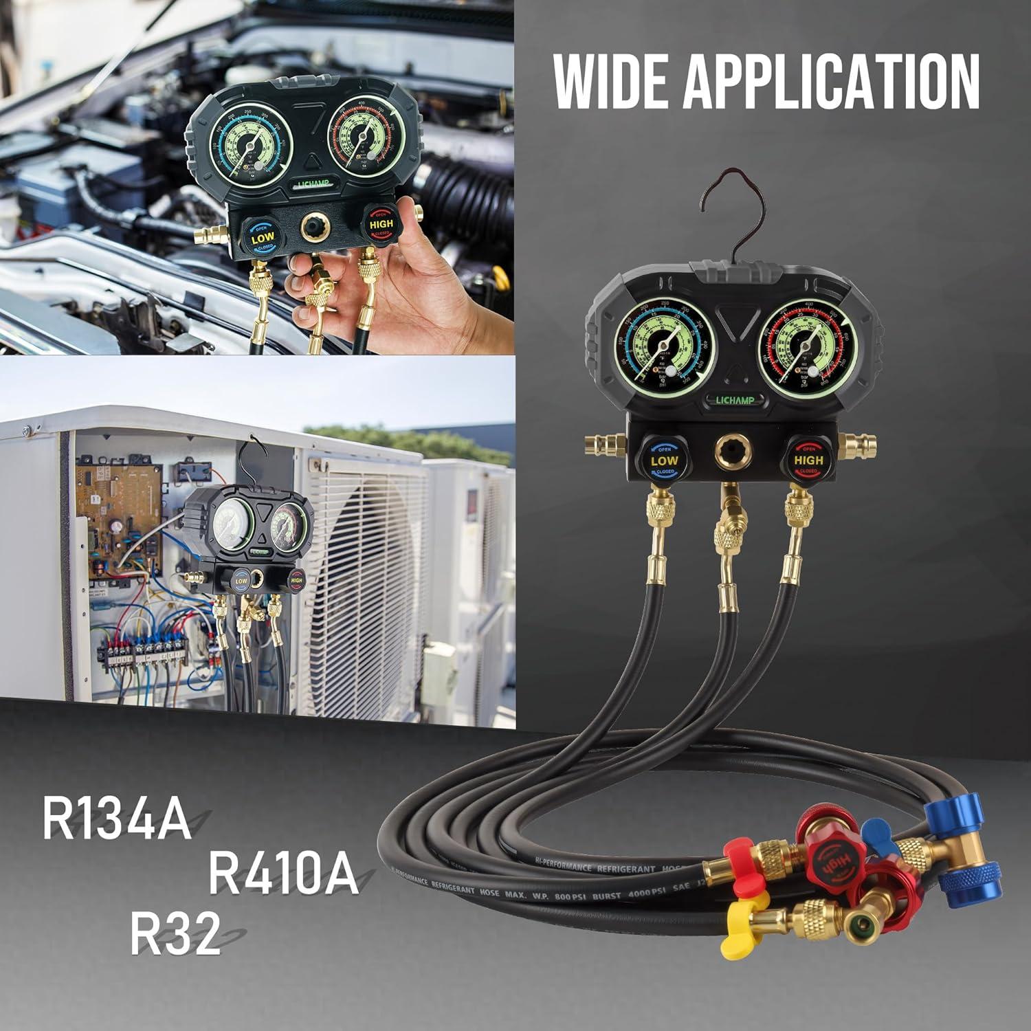 imageLichamp AC R134A Gauge Set Automotive Manifold Gauge Compatible with R32 R134A and R410 Refrigerants Works on Car Freon Charging and Evacuation