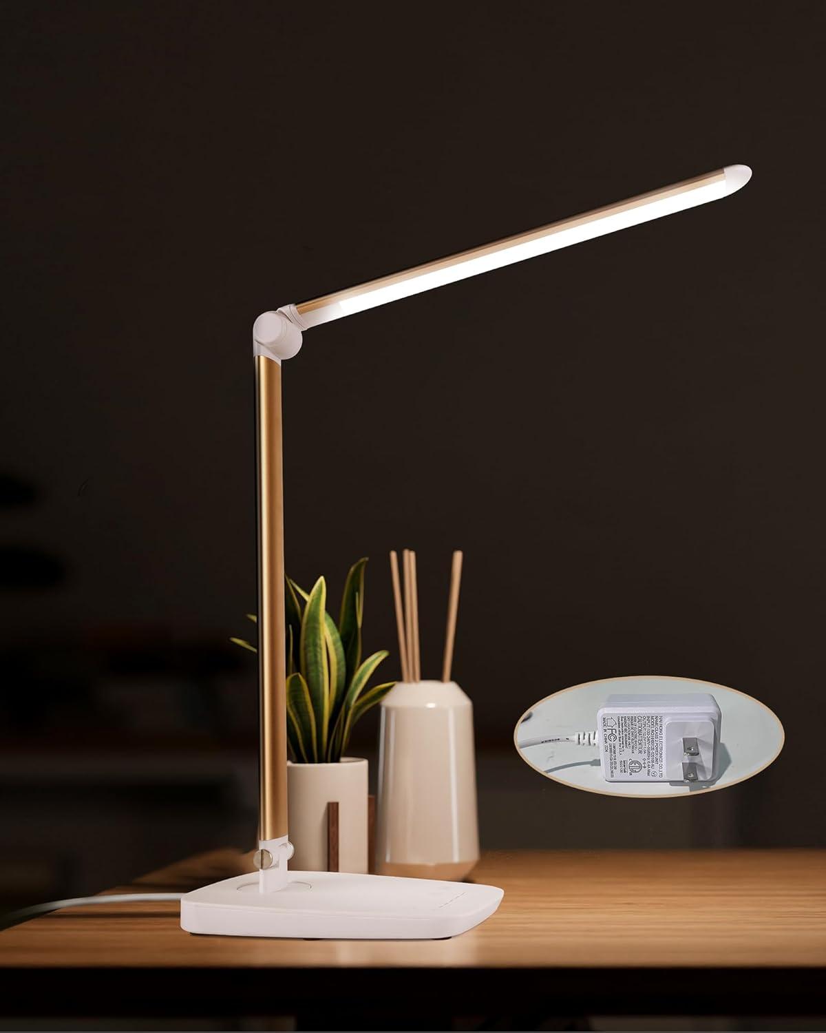imageLichamp Dimmable LED Desk Lamp with USB Charging Port Touch Control Foldable Gooseneck Free Rotation Adjustable Eye Care Table Lamp Bedside Reading Light with UL AC Adapter Pink Gold