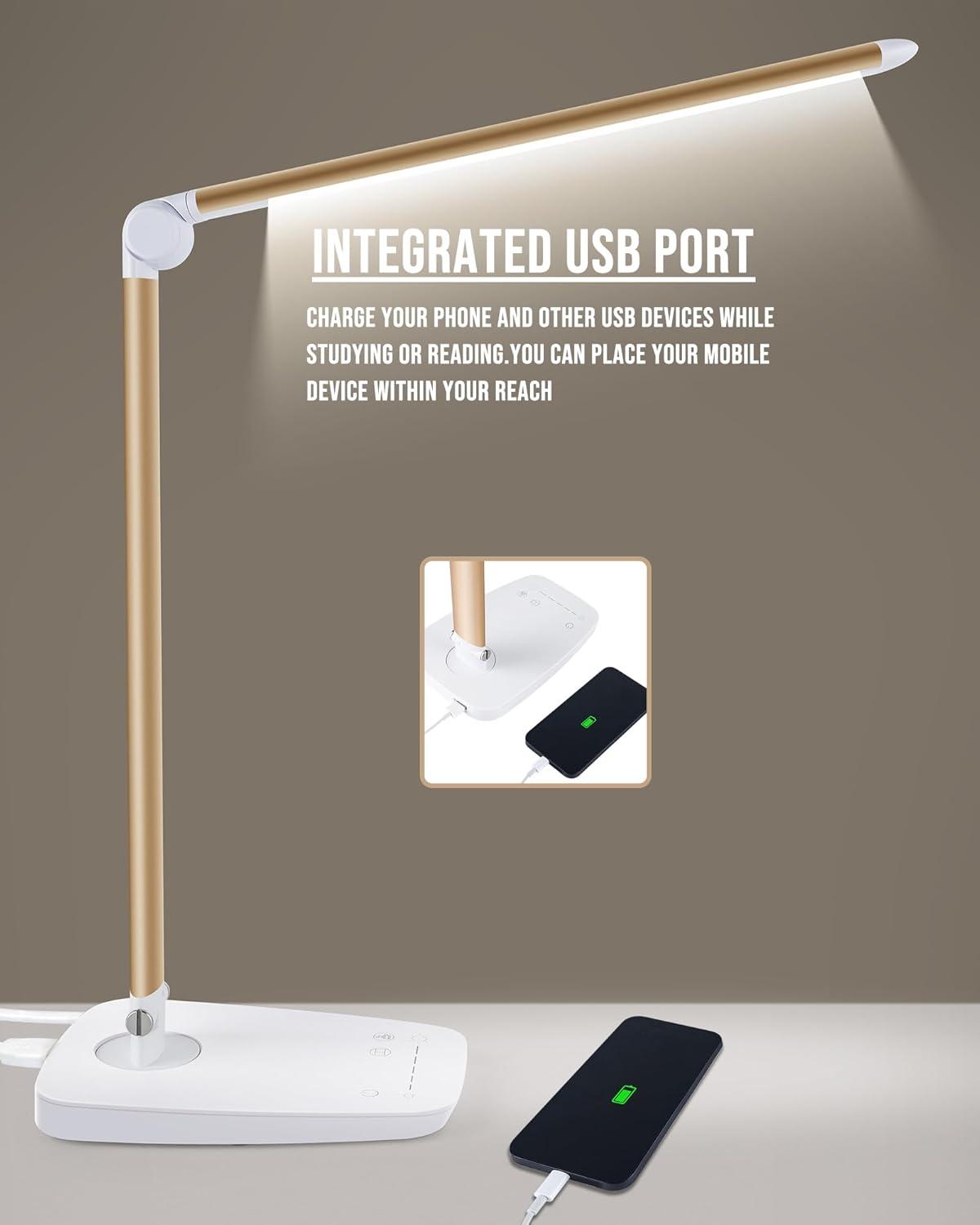 imageLichamp Dimmable LED Desk Lamp with USB Charging Port Touch Control Foldable Gooseneck Free Rotation Adjustable Eye Care Table Lamp Bedside Reading Light with UL AC Adapter Pink Gold