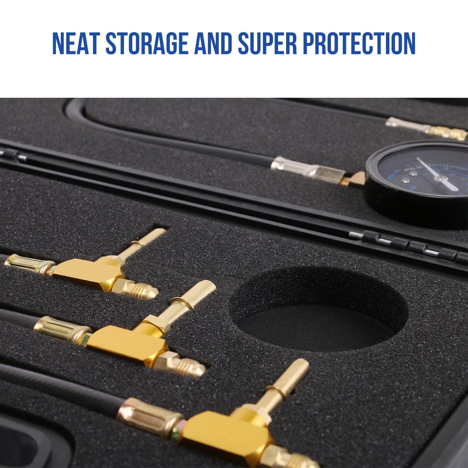 imageLichamp Fuel Pressure Gauge Fuel Pump Pressure Test Kit with Hose Adapter Compatible with Honda Ford CFI EFI GM MPI and Chrysler MPFI