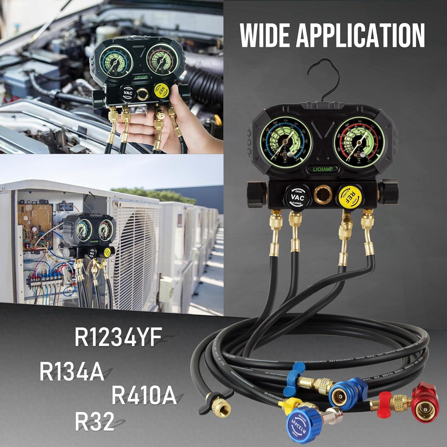 imageLichamp HVAC Gauges with 5 FT Hoses AC Manifold Gauge Set R134A R1234 R410A and R32 Refrigerant Gauges