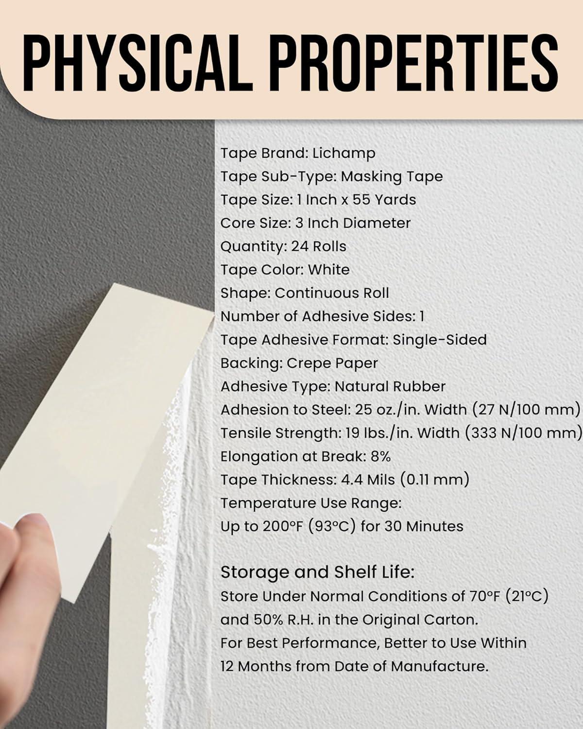 imageLichamp Masking Tape 1 inch 4 Pack General Purpose Beige White Masking Tape 1 inch x 55 Yards x 4 Rolls 220 Total Yards24 Rolls x 094 inch x 55 Yards