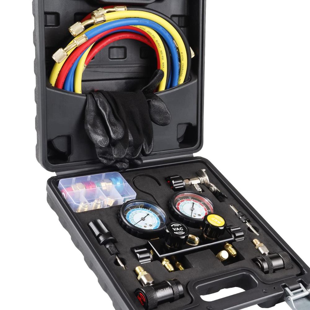 imageLICHAMP AC R1234YF R134A Gauge Set Automotive 4 Valve Manifold Gauge Compatible with R1234YF and R134A Refrigerants Works on Car Freon Charging and Evacuation