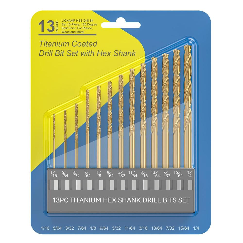 imageLichamp 116quot 14quot Hex Shank Drill Bit Set 13pc Titanium Coated HighSpeed Steel Bits 14quot Quick Change Shank for Hard Metal Hardened Twist Drill Set