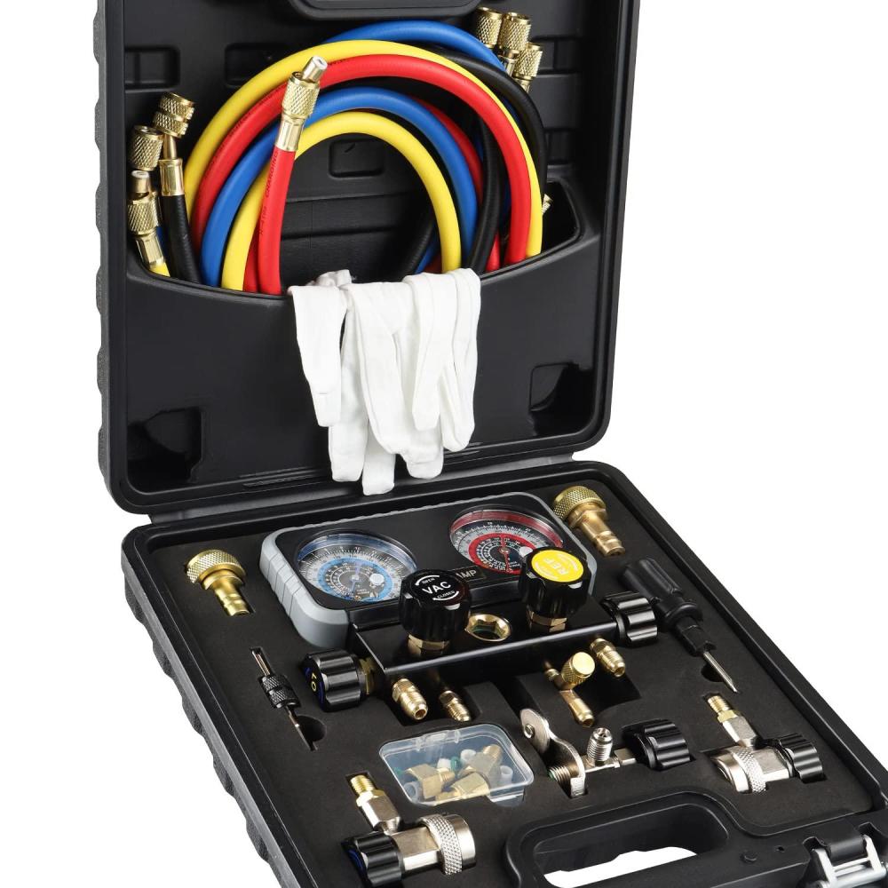 imageLichamp AC R1234YF R134A Gauge Set Automotive 4 Valve Manifold Gauge Compatible with R1234YF R134A and R404A Refrigerants Works on Car Freon Charging and Evacuation