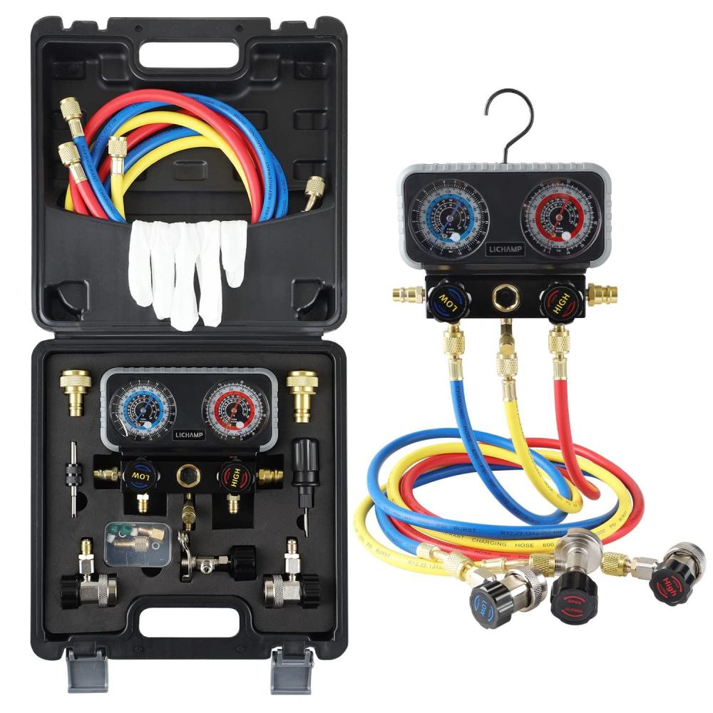imageLichamp AC R1234YF R134A Gauge Set Automotive Manifold Gauge Compatible with R1234YF R134A and R404A Refrigerants Works on Car Freon Charging and Evacuation