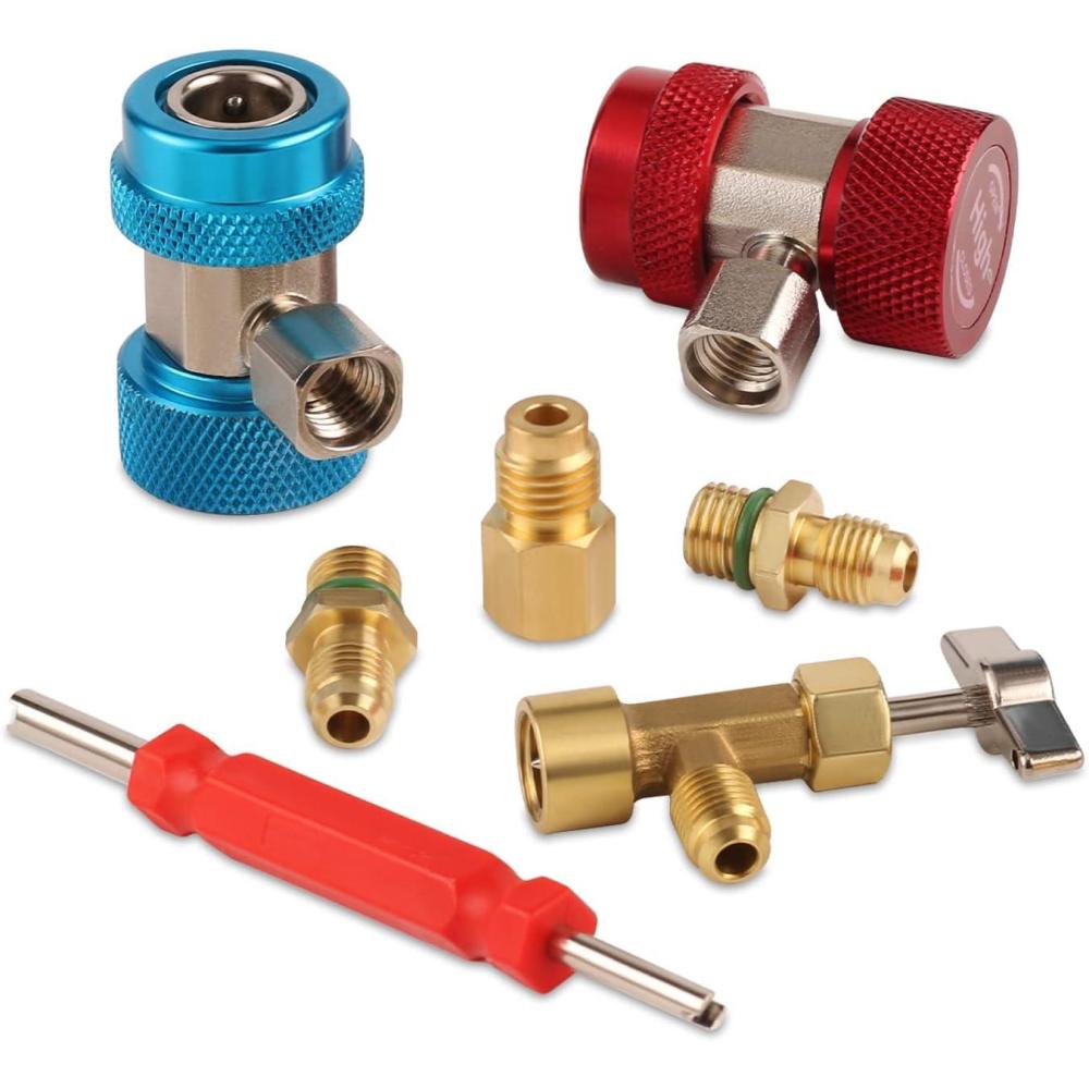 imageLichamp AC R134A Adapters with Puncture 134A Can Tap AC 134 Quick Coupler Hose Connector Fitting Kit with Tank Adapter and Valve Core Remover QA02