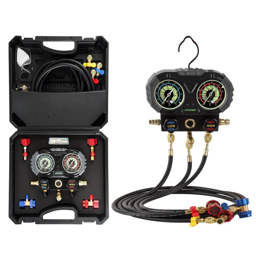 imageLichamp AC R134A Gauge Set Automotive Manifold Gauge Compatible with R32 R134A and R410 Refrigerants Works on Car Freon Charging and Evacuation