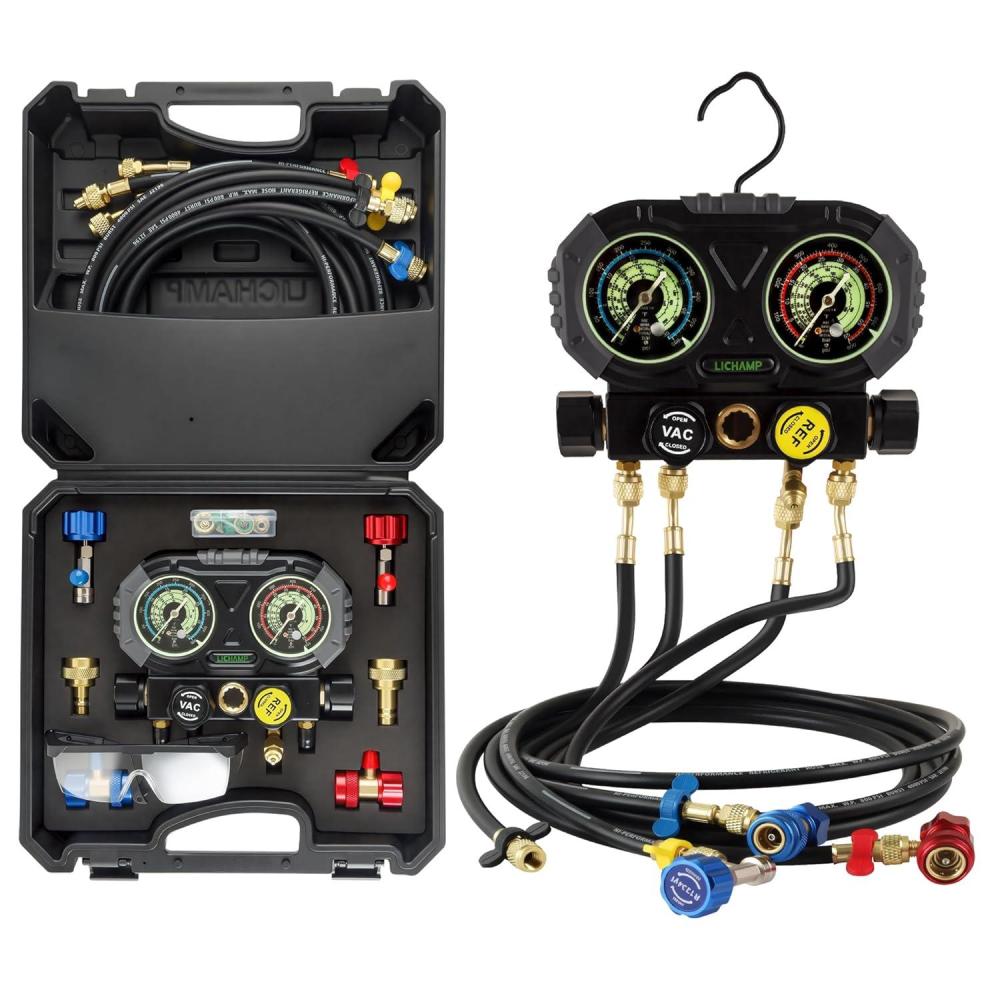imageLichamp HVAC Gauges with 5 FT Hoses AC Manifold Gauge Set R134A R1234 R410A and R32 Refrigerant Gauges