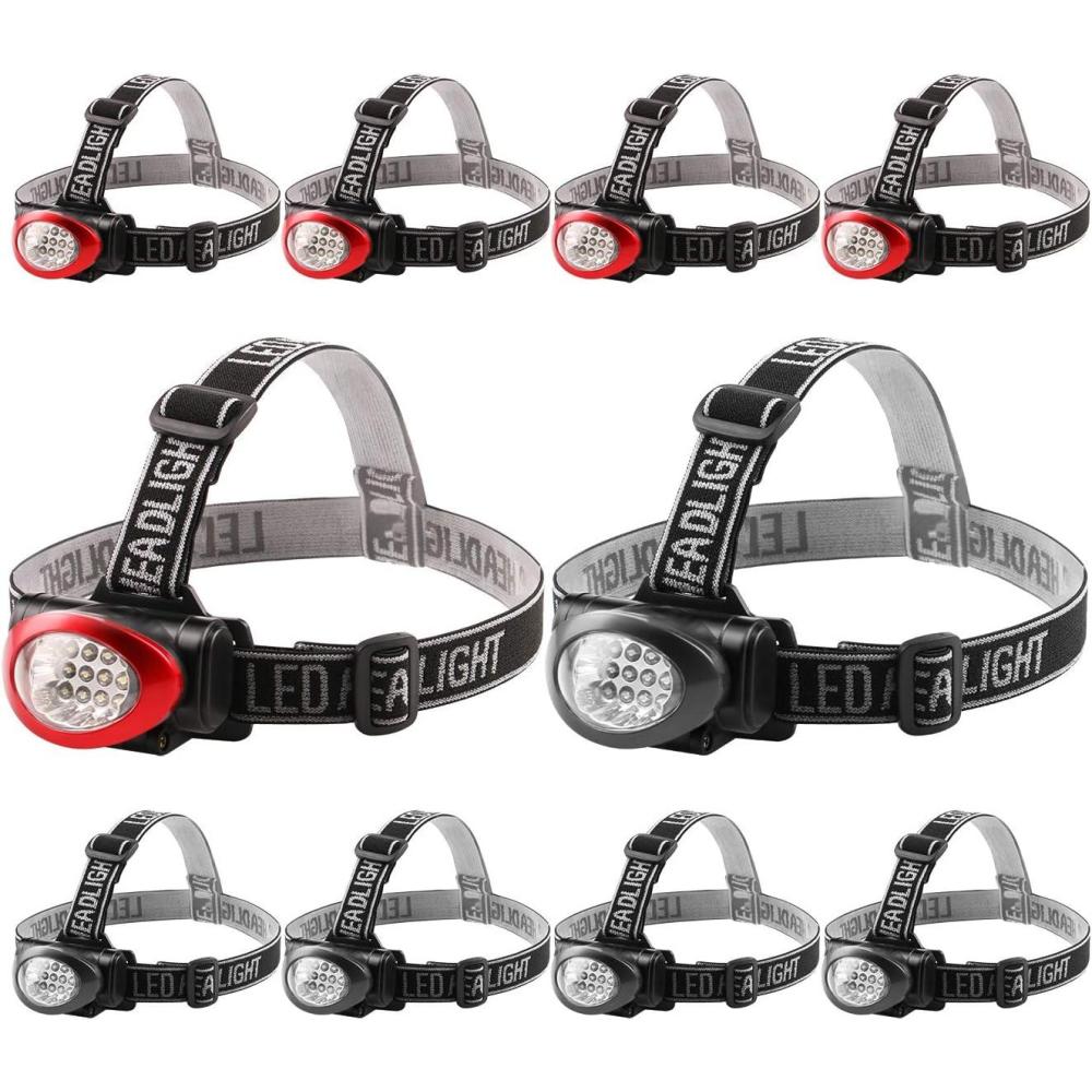 imageLichamp Headlamp 10 Pack 12 LED 3 Mode Portable Head Lamp Flashlight Outdoor Lightweight Durable Headlight for Running Camping Reading Fishing Hunting Walking Jogging Black Red Color