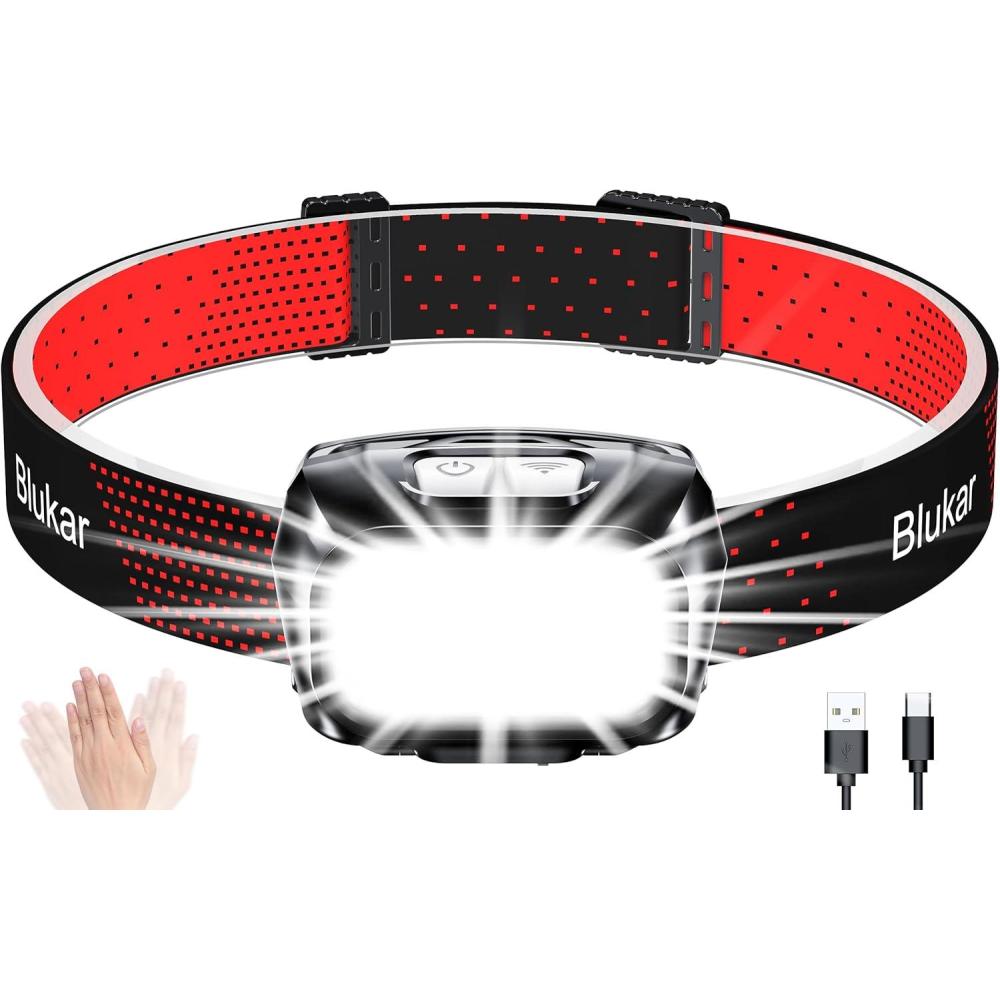 imageBlukar Lampe Frontale Rechargeable 2000LM Super Lumineux Lger Torche Frontale LED Puissante avec Voyant Rouge8 Modes dclairageCapteur MouvementIPX5 tanche30H dautonomie pour CampingUrgenceNoir