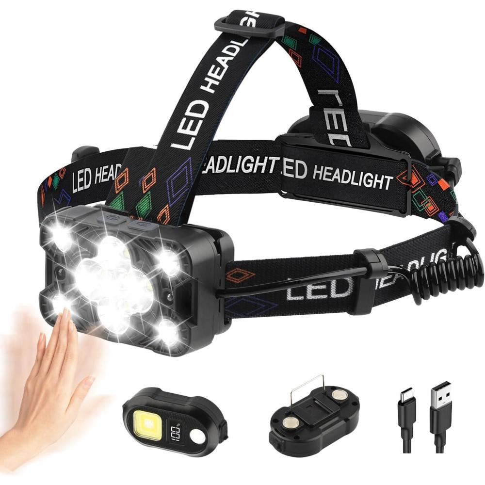 imageLampe Frontale LED Ultra Puissante Rechargeable avec Feu Arrire Amovible 9 Modes pour Capteur de Mouvement Ajustable 225 IPX4 tanche Convient pour Randonne Camping Pche CourseNoir