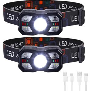 Lampe Frontale LED Rechargeable Puissante 2 Pcs, Ultra Lumineuse 2000 Lumens, Légère et Durable avec Capteur et Rouge 10 Modes d&rsquo;Éclairage IPX5 pour Course, Pêche, Cyclisme, Camping