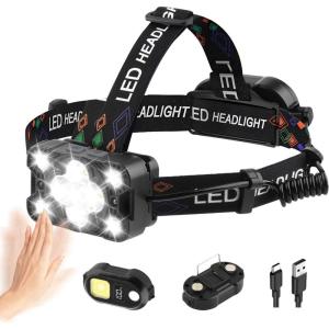 Lampe Frontale LED Ultra Puissante Rechargeable avec Feu Arrière Amovible, 9 Modes pour Capteur de Mouvement, Ajustable 225°, IPX4 Étanche, Convient pour Randonnée Camping Pêche Course(Noir)
