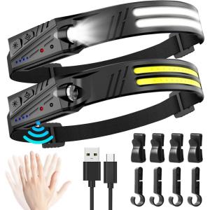 Lampe Frontale Led Ultra Puissante,2 Pièces 2000 Lumens Super Lumineux 2*LED 230° Lampe Torche,1500 mAh Capteur De Mouvement Frontale Rechargeable,Étanche IPX5 0.14lb,Pour Pêche,Camping,Cyclisme