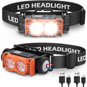 Lampe Frontale 2 Pièces,Lampe Frontale LED Ultra Puissante 2000 Lumens,Torche Frontale 3 Modes IPX5 Étanche Rechargeable USB,Pour Pêche,Camping,Cyclisme,Running (Noir)(Orange)