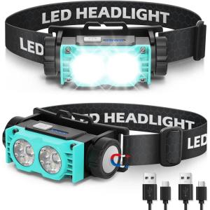 Lampe Frontale 2 Pièces,Lampe Frontale LED Ultra Puissante 2000 Lumens,Torche Frontale 3 Modes IPX5 Étanche Rechargeable USB,Pour Pêche,Camping,Cyclisme,Running (Noir)(Bleu)