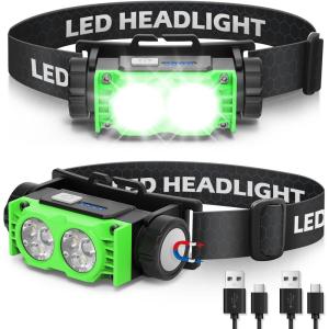 Lampe Frontale 2 Pièces,Lampe Frontale LED Ultra Puissante 2000 Lumens,Torche Frontale 3 Modes IPX5 Étanche Rechargeable USB,Pour Pêche,Camping,Cyclisme,Running (Noir)(Vert)
