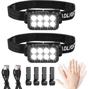 Lot de 2 lampes frontales LED rechargeables – Super lumineuses – 2500 lumens – 5 modes d&rsquo;éclairage – Léger – IPX6 – Étanche – Capteur léger – Pour l&rsquo;extérieur, le camping, la course, la pêche, les