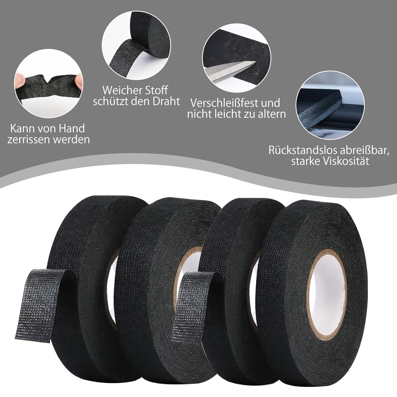imageLot de 4 rubans adhsifs en tissu noir pour faisceau de cbles ruban adhsif en feutre pour faisceau de cbles maison voiture moto 15 mm x 15 m19 mm x 15 m