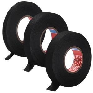 Lot de 3 pièces de ruban de câble noir, ruban molletonné, ruban d&rsquo;isolation électrique, ruban textile pour harnais de câble, pour l&rsquo;automobile et la moto (9mm x 15m, 15mm x 15m, 19mm x 15m)