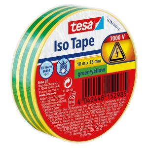 Tesa Isoler Ruban Adhésif pour l&rsquo;Isolation, le Cerclage et la Fixation de Câbles Électriques jusqu&rsquo;à 6000 v – Câbles Audio, Vidéo et Alimentation – Ignifuge – 10 m x 15 mm – vert/jaune(Vert/Jaune)