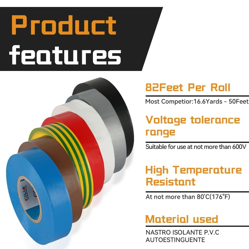 imageLot de 10 rubans isolants lectriques en PVC 19 mm x 25 m 7 couleurs jusqu 6 kv rparation et attache flexible autoextinguible noirNoir