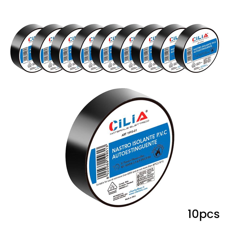 imageLot de 10 rubans isolants lectriques en PVC 19 mm x 25 m 7 couleurs jusqu 6 kv rparation et attache flexible autoextinguible noirNoir