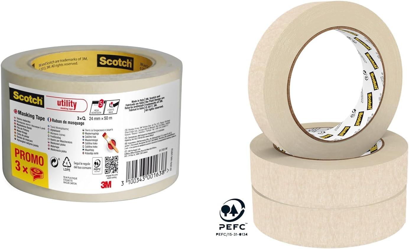 imageScotch Ruban de Masquage Classique Pack Promo de 3 Rouleaux 36 mm x 50 m Beige Pour Peinture et Dcoration Intrieure 70 PEFC24mm x 3 NOUVEAU