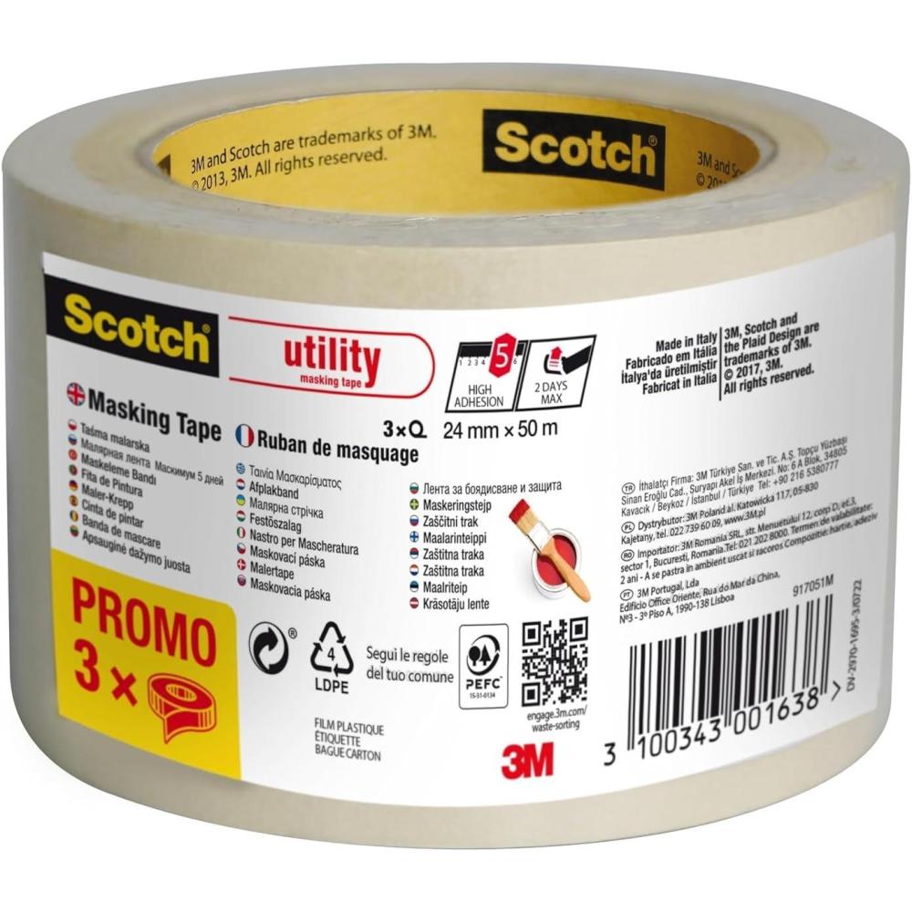 imageScotch Ruban de Masquage Classique Pack Promo de 3 Rouleaux 36 mm x 50 m Beige Pour Peinture et Dcoration Intrieure 70 PEFC24mm x 3 NOUVEAU
