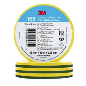 3M Temflex de ruban adhésif électrique en vinyle 165 Jaune 19 mm x 25 m, 10 rouleaux(vert/jaune)