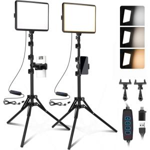 25cm*20cm Lumiere Photo, Lot de 2Panneau d&rsquo;Éclairage Vidéo LED Kit 2800-6500 K avec USB/Support de téléphone, 185cm Kit D&rsquo;éclairage de Photographie à Intensité Variable pour Portrait/TikTok (2 Pack)(2 PACK)