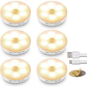[Lot de 6],Lampe Detecteur de Mouvement Automatique Interieur,3 Modes(Auto/On/Off), Autocollante USB Pile Rechargeable, LED Sans Fil pour Cuisine,Couloir,Escalier,Placard(Lumière Chaude)(Blanche)