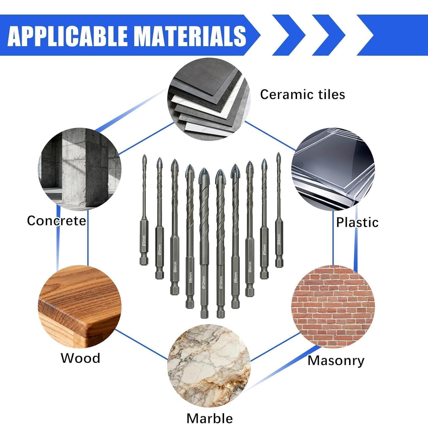 image:imageSet de Foret Sec 10 pices Foret Excentrique Tte Oblique 345681012 mm Jeu de Forets en Carbure avec Changement Rapide Tige Hexagonale pour Plastique Carrelage Matriaux Carreaux Porcelaine