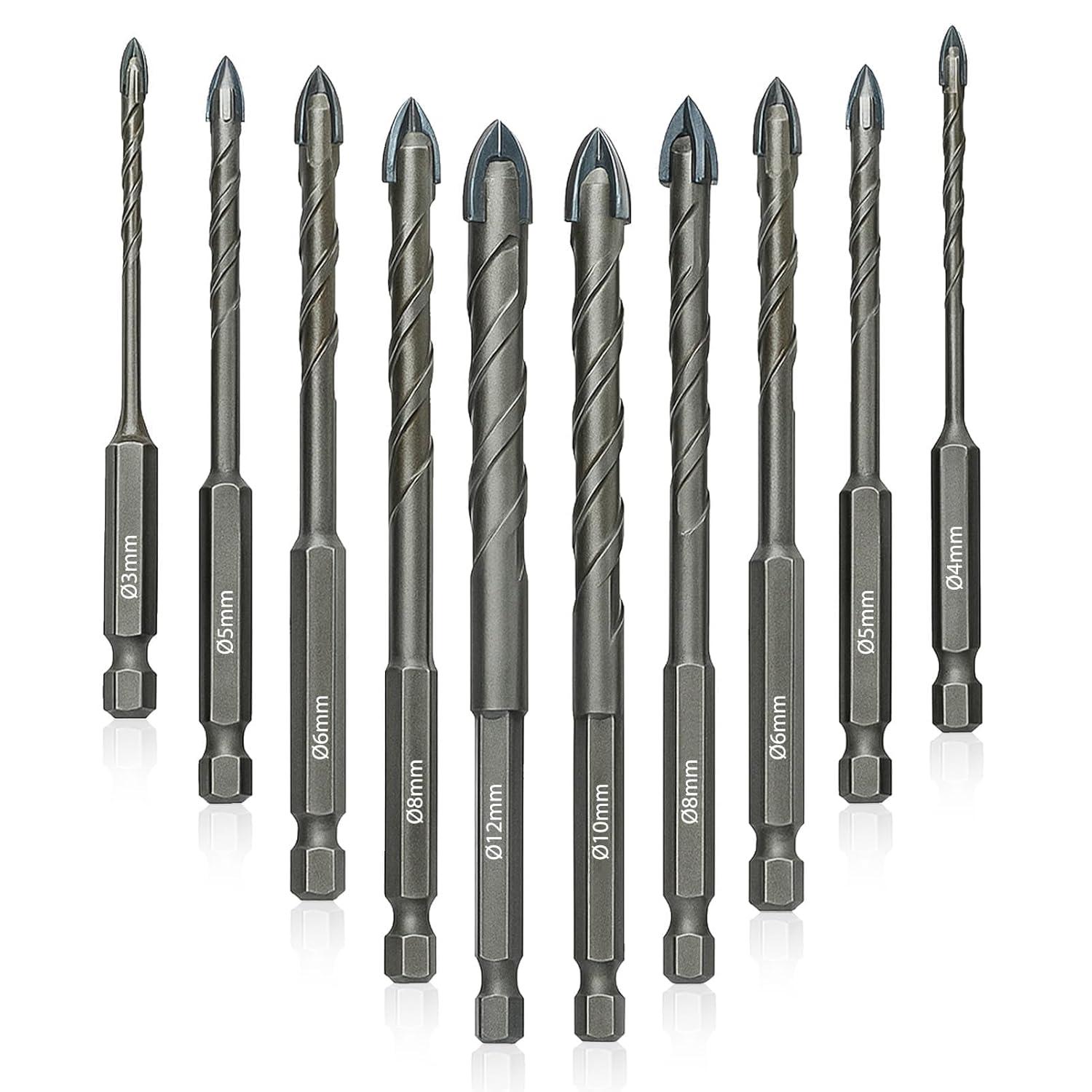 image:imageSet de Foret Sec 10 pices Foret Excentrique Tte Oblique 345681012 mm Jeu de Forets en Carbure avec Changement Rapide Tige Hexagonale pour Plastique Carrelage Matriaux Carreaux Porcelaine