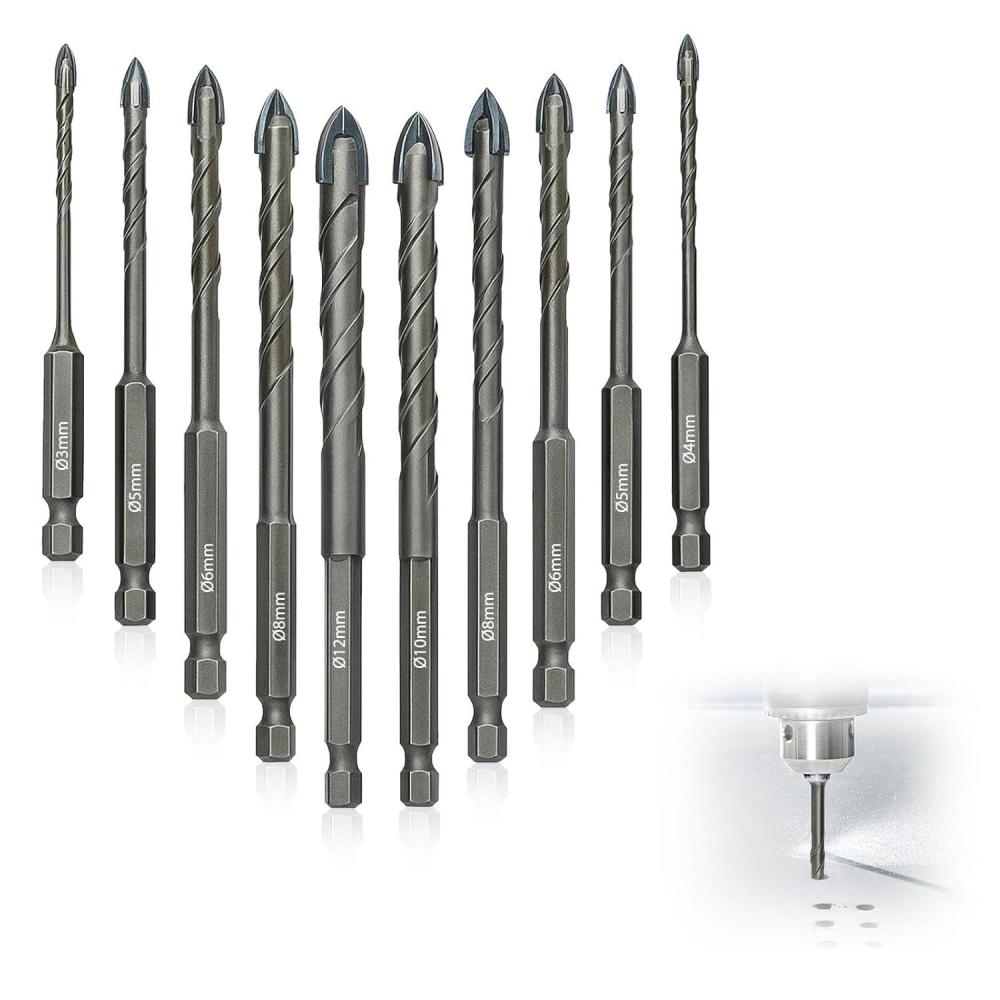 image:imageSet de Foret Sec 10 pices Foret Excentrique Tte Oblique 345681012 mm Jeu de Forets en Carbure avec Changement Rapide Tige Hexagonale pour Plastique Carrelage Matriaux Carreaux Porcelaine